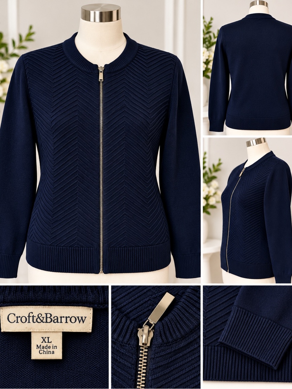 croft & barrow Navy Chevron Zip-Front Cardigan